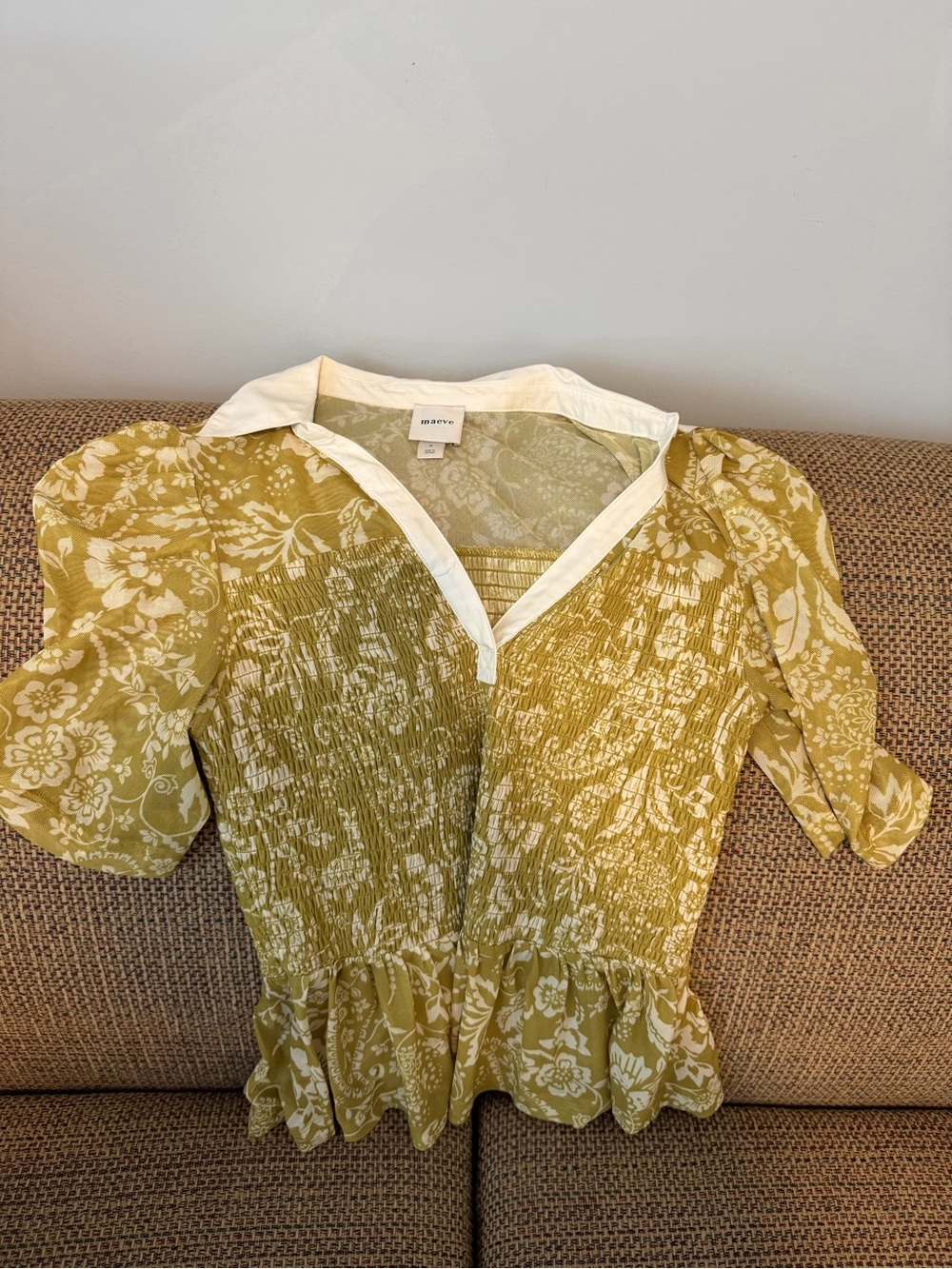Maeve Olive Floral Smocked Peplum Blouse with White Collar